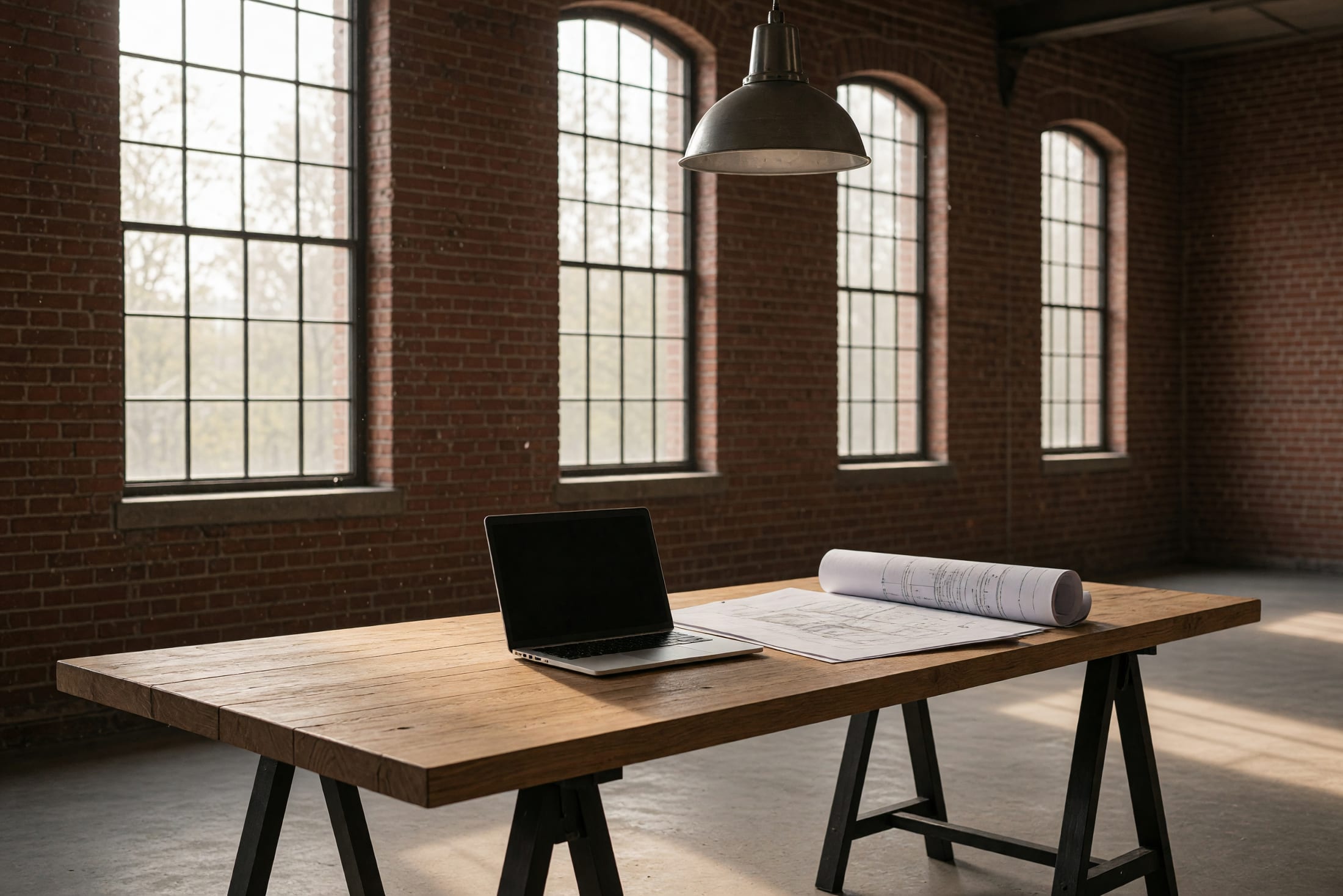 Neu eingerichteter Arbeitsbereich in der Halle: langer Tisch aus Eiche, zwei Stahlböcke, Laptop und Baupläne, im Hintergrund die Ziegelwand.