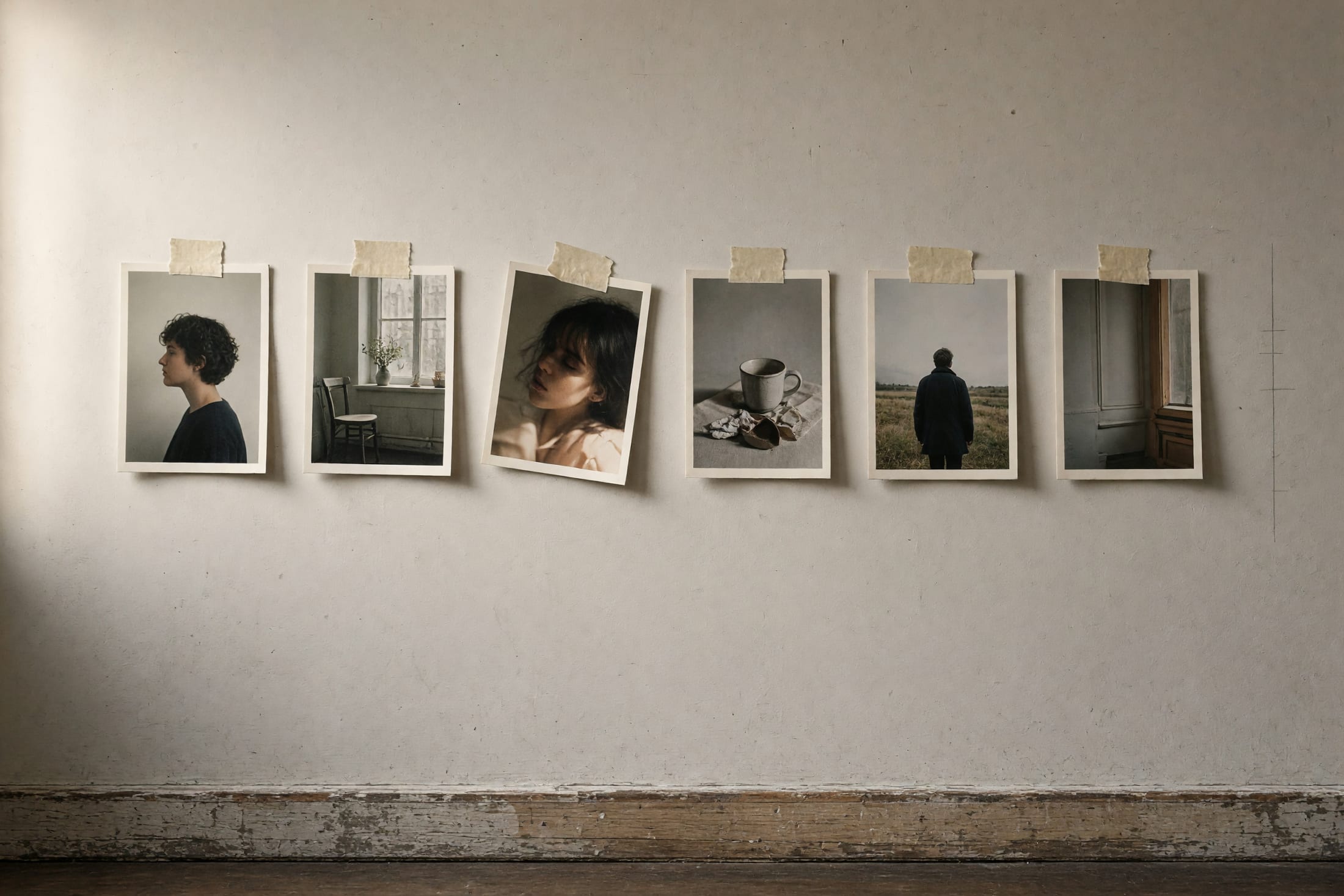 Sechs Abzüge einer Serie hängen in einer Reihe an der Wand, die Abstände sind ungleichmässig, einer hängt schief.