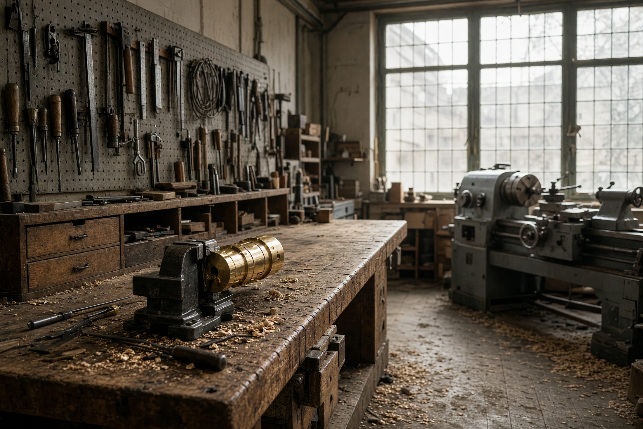 Blick über eine lange Werkbank in einer feinmechanischen Werkstatt, Werkzeuge hängen geordnet an der Lochwand, Späne liegen auf dem Holz.