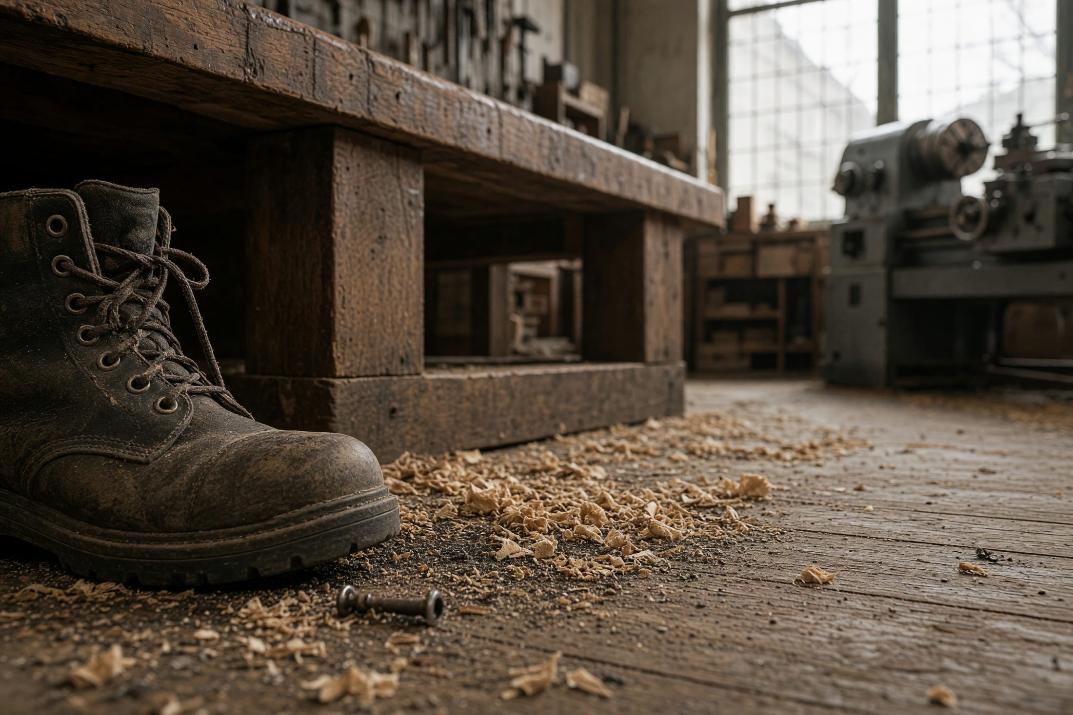 Holzspäne und Metallfeilspäne liegen auf dem geölten Dielenboden unter einer Werkbank, daneben ein abgetretener Arbeitsstiefel.