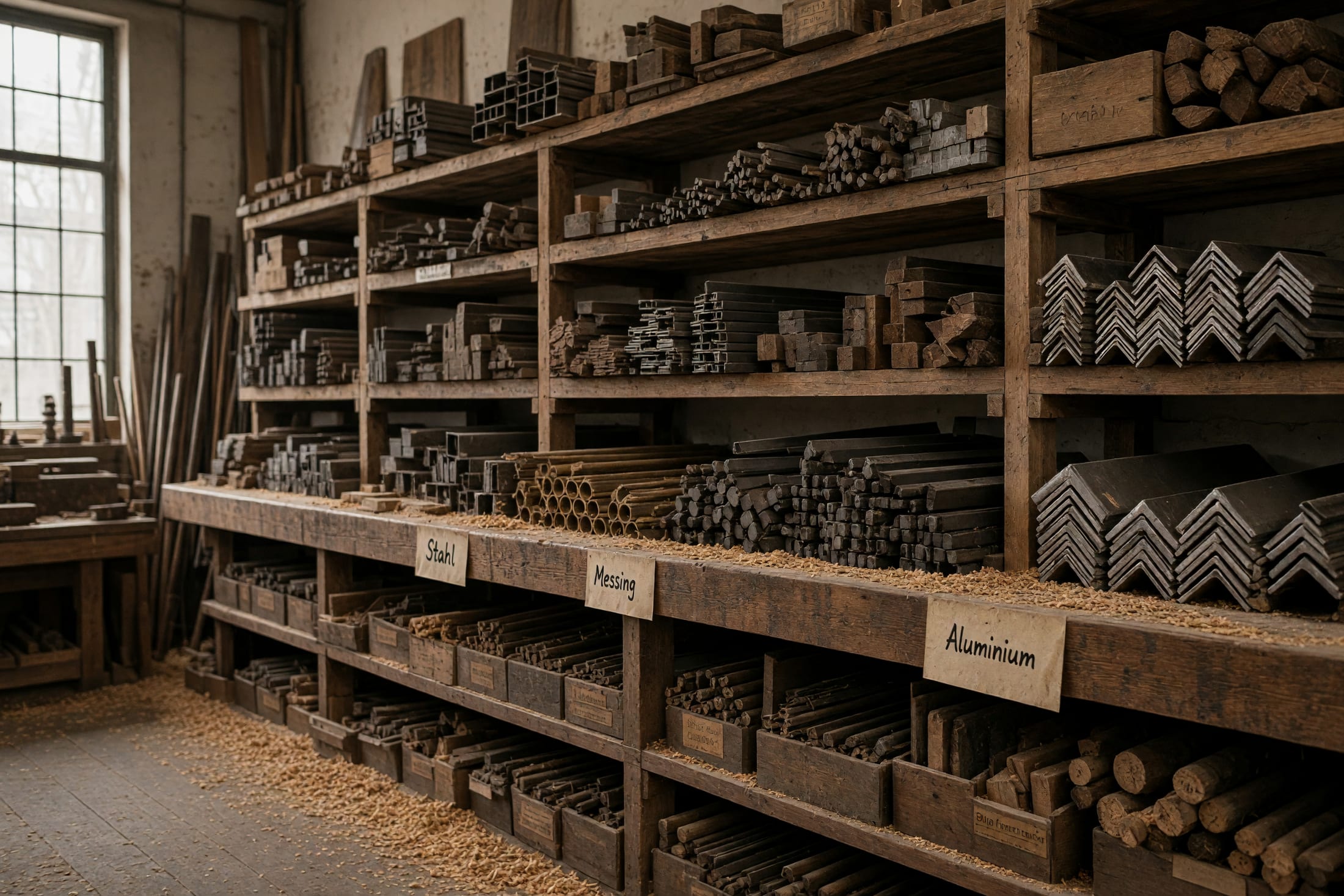 Regal mit beschrifteten Holzkisten und Metallprofilen im Materiallager der Werkstatt, handgeschriebene Etiketten.