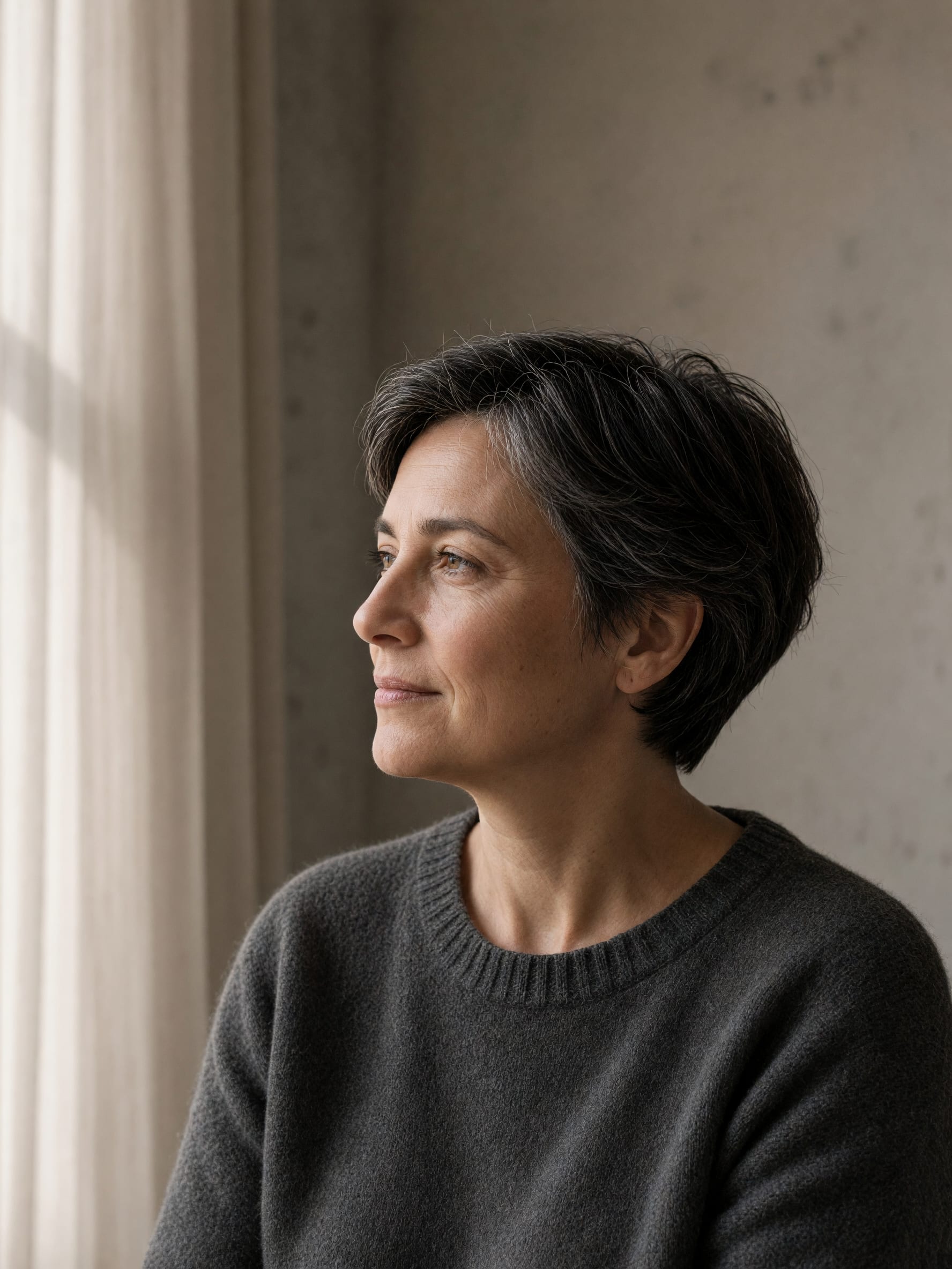 H. R. blickt leicht am Fenster vorbei ins Licht, die Augen sind halb geschlossen, das Gesicht ist vom Tageslicht modelliert.