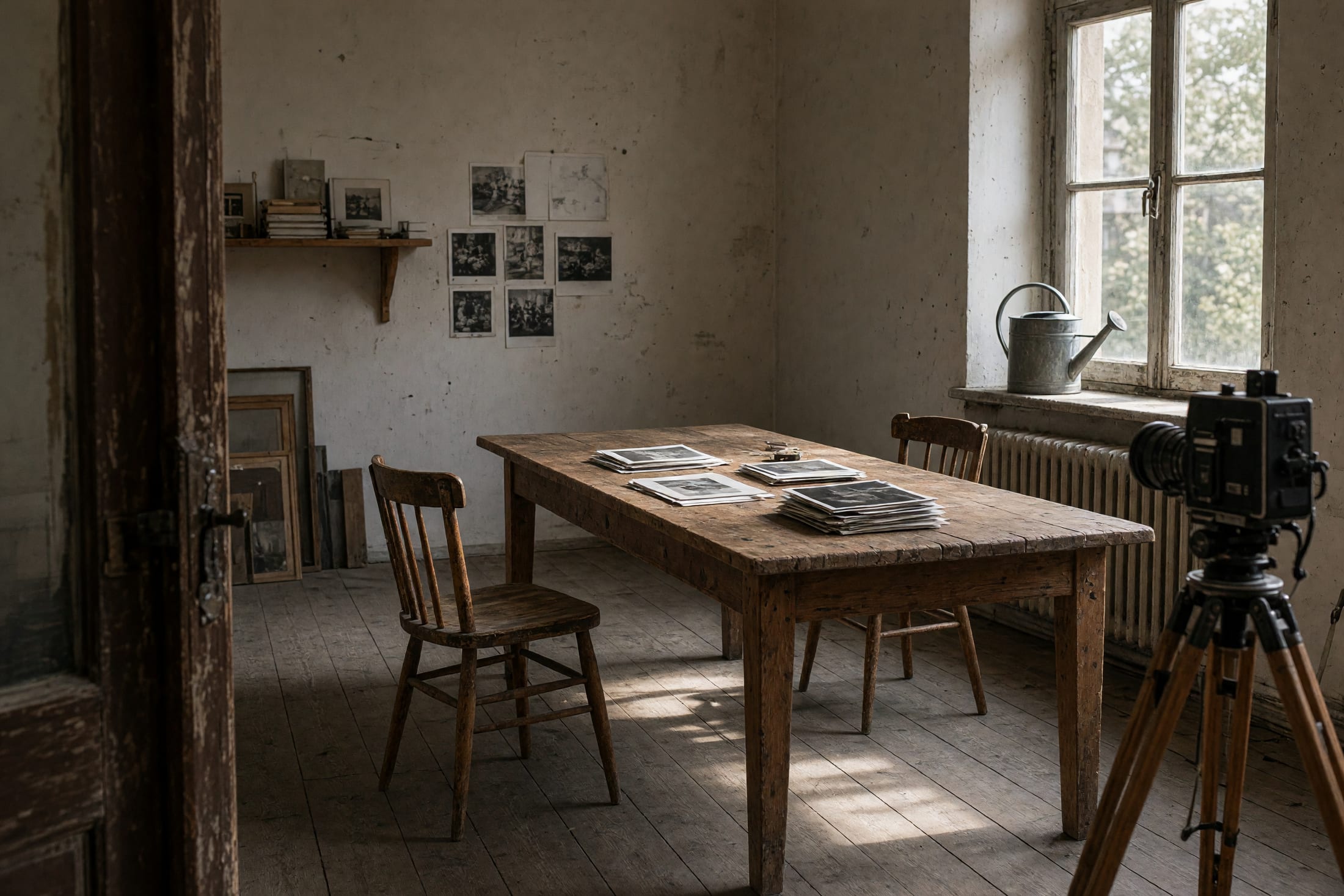 Weiter Blick in das leere Studio: Holztisch, zwei Stühle, hohe Fenster mit Nordlicht und Ostseite, Kamera auf Stativ am Rand.