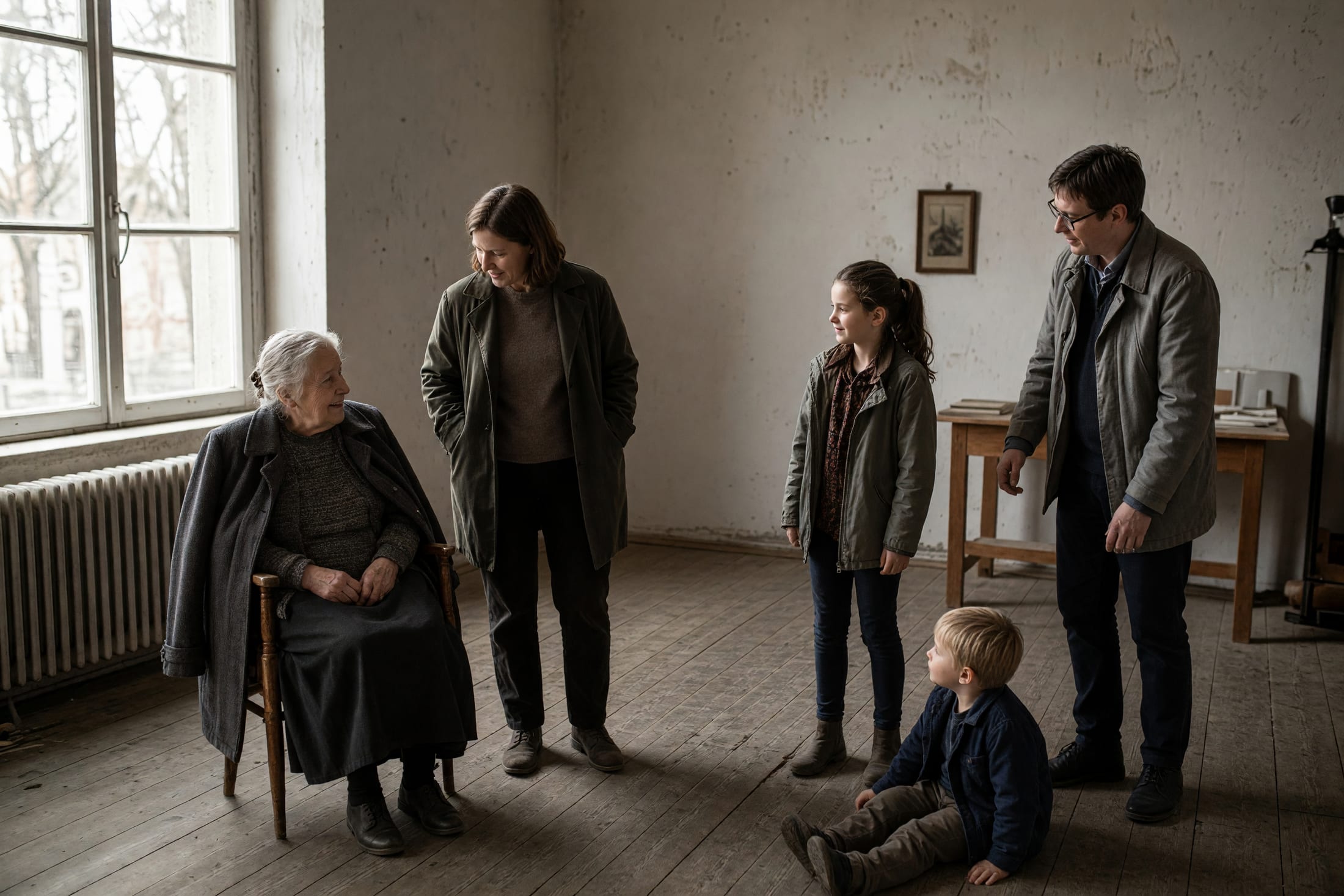 Die ganze Familie sitzt und steht locker verteilt vor der hellen Wand, ohne einheitliche Kleidung und ohne Frontstellung zur Kamera.